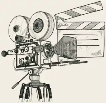 Ink drawing of a cine camera on a tripod with a clapperboard