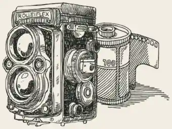 Ink drawing of a twin-lens camera and a roll of 35 mm film